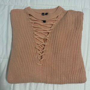 Chic Lace-Up V-Neck Sweater - Blush